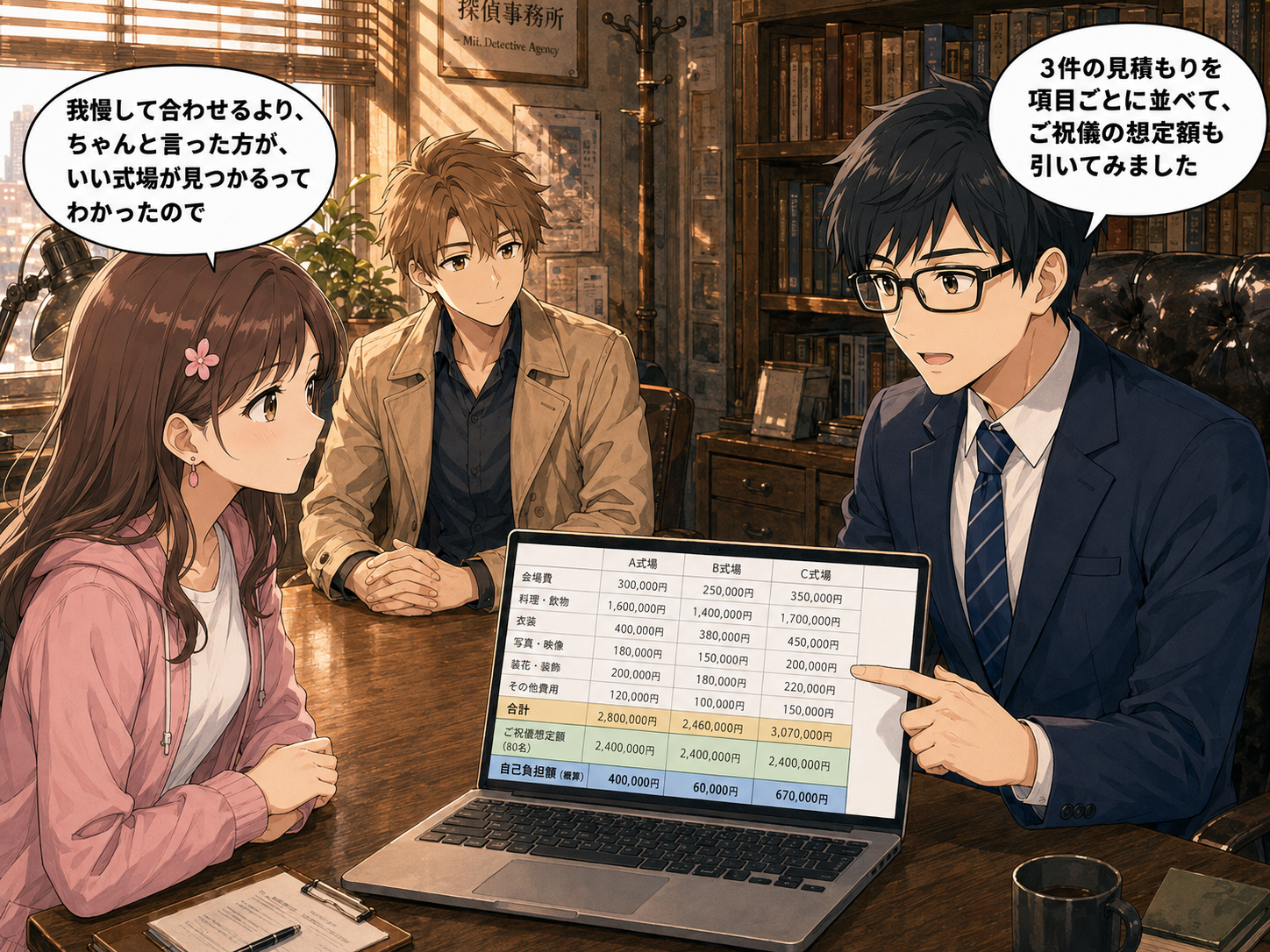 表計算ソフトで見積もり比較を見せるヒロ