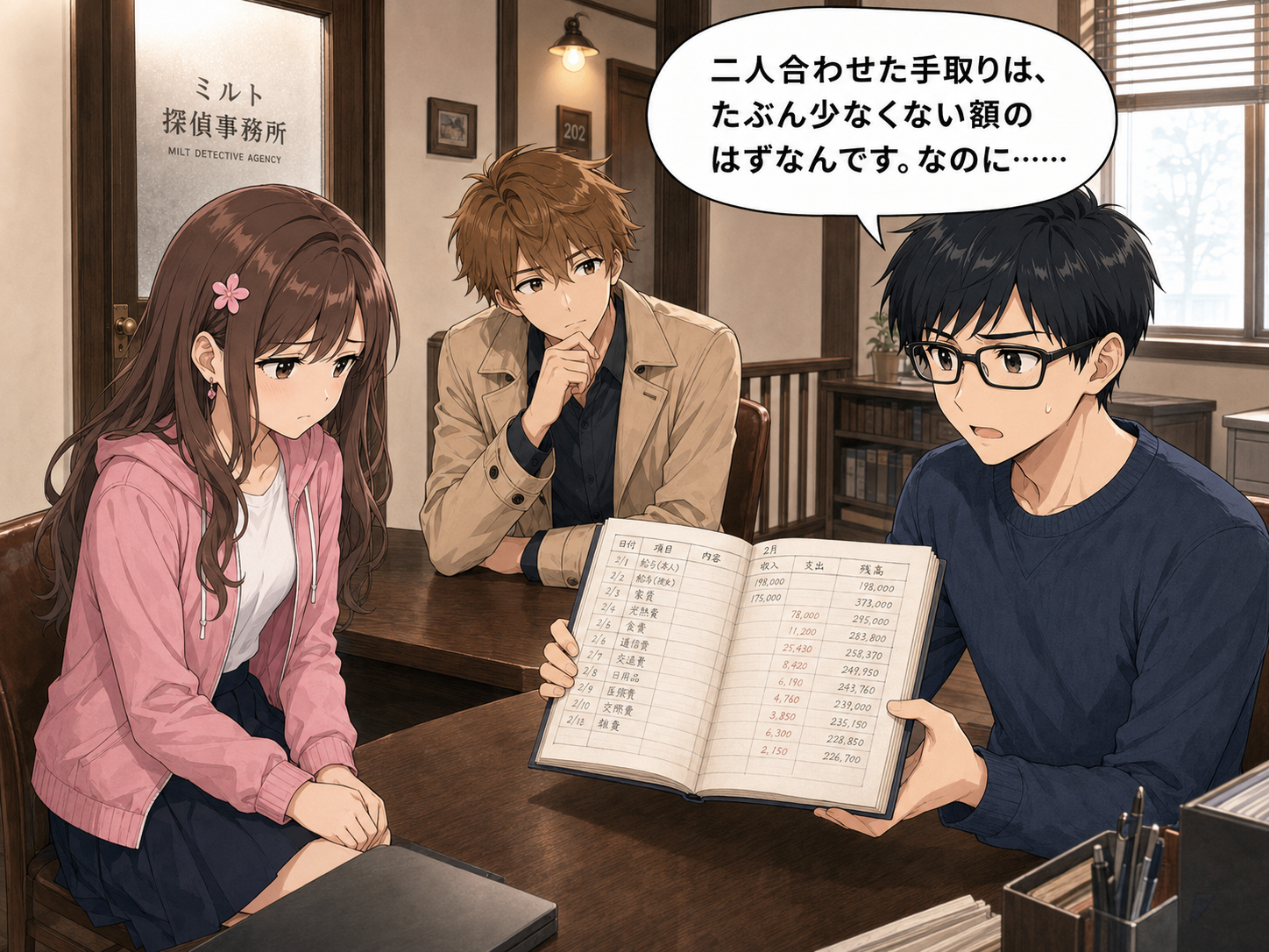 家計簿を持って報告に来たヒロとサクラ