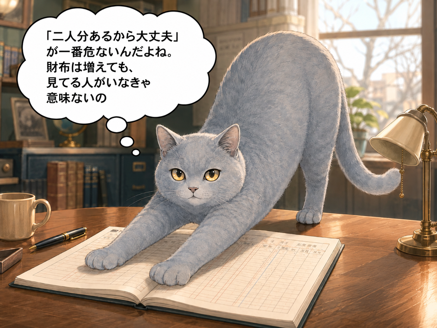 家計簿の上で伸びをするルリ