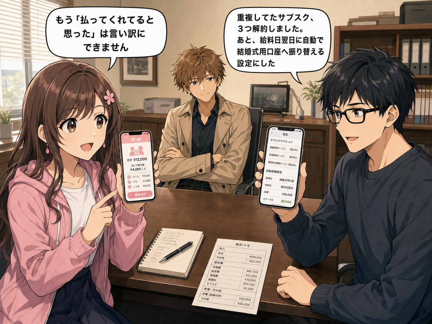 自動振替の設定を報告するヒロとサクラ