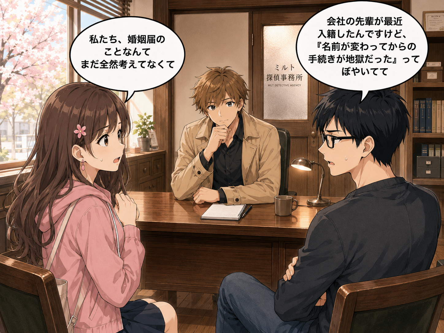 神妙な顔で事務所に来たサクラとヒロ