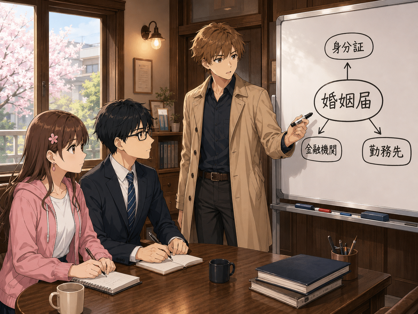 コーキがホワイトボードで手続きを説明するシーン