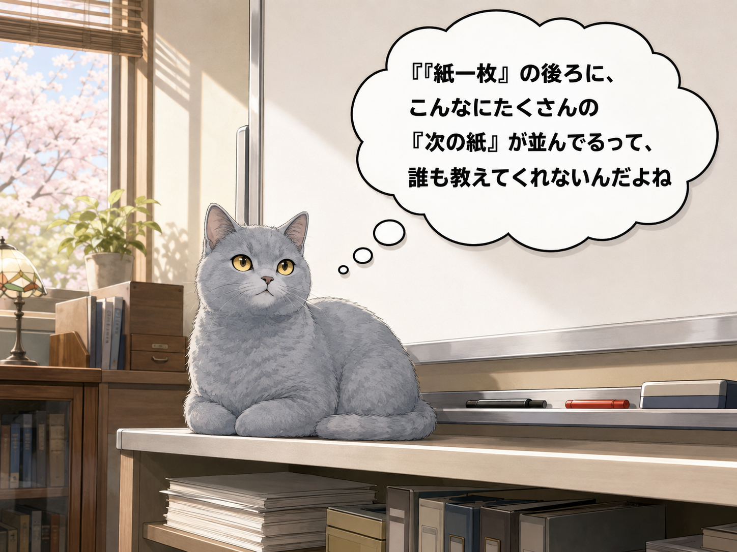 ホワイトボードの前で香箱座りをするルリ