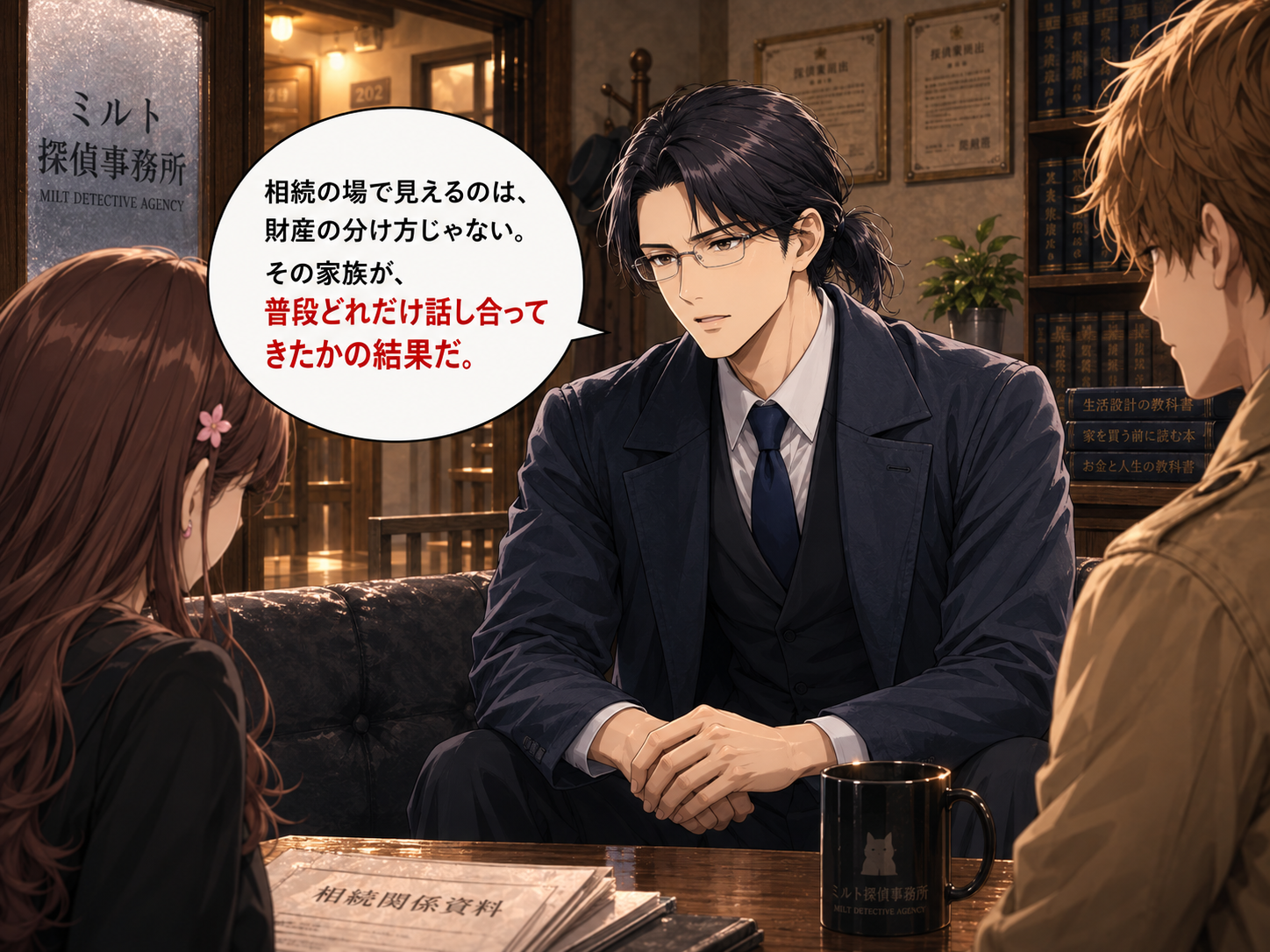 ケイイチロウが家族の話し合いについて語るシーン