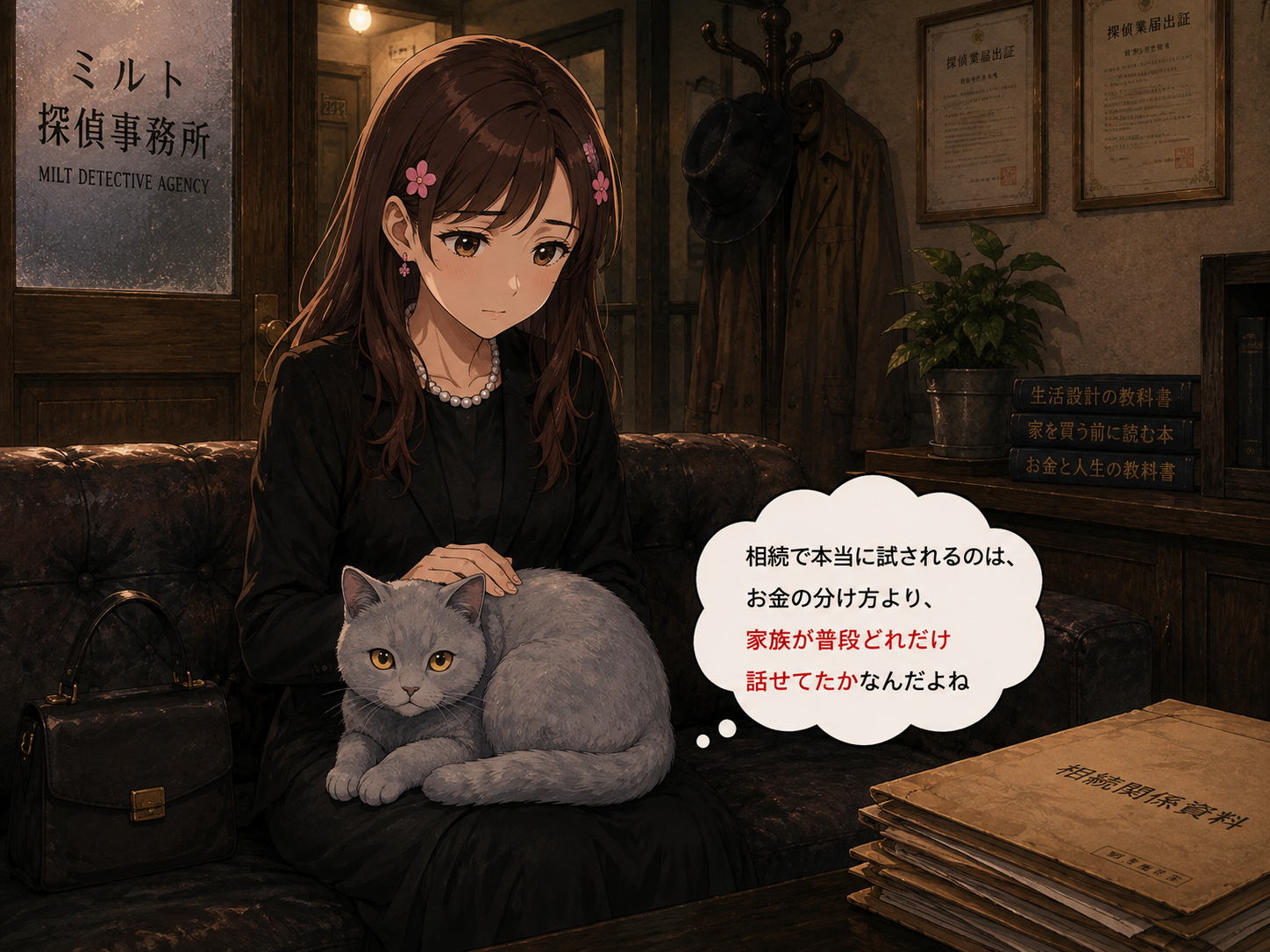サクラの喪服の膝の上で丸くなるルリ
