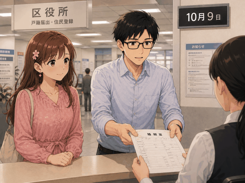 区役所の窓口に婚姻届を提出する二人