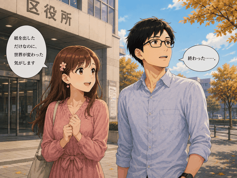区役所を出て感慨にふけるヒロとサクラ