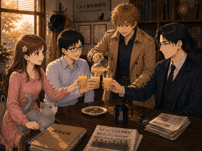事務所でジュースを乾杯する四人