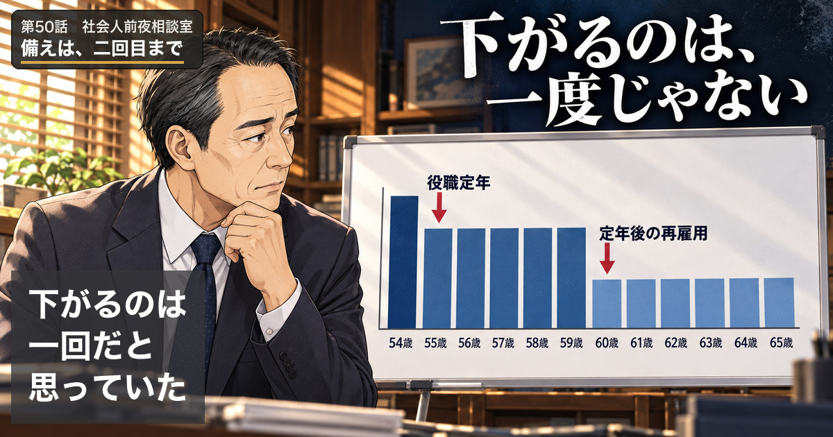役職定年と再雇用で給料が二回下がる仕組みを知り、就業規則を前に言葉を失う部長ミツル