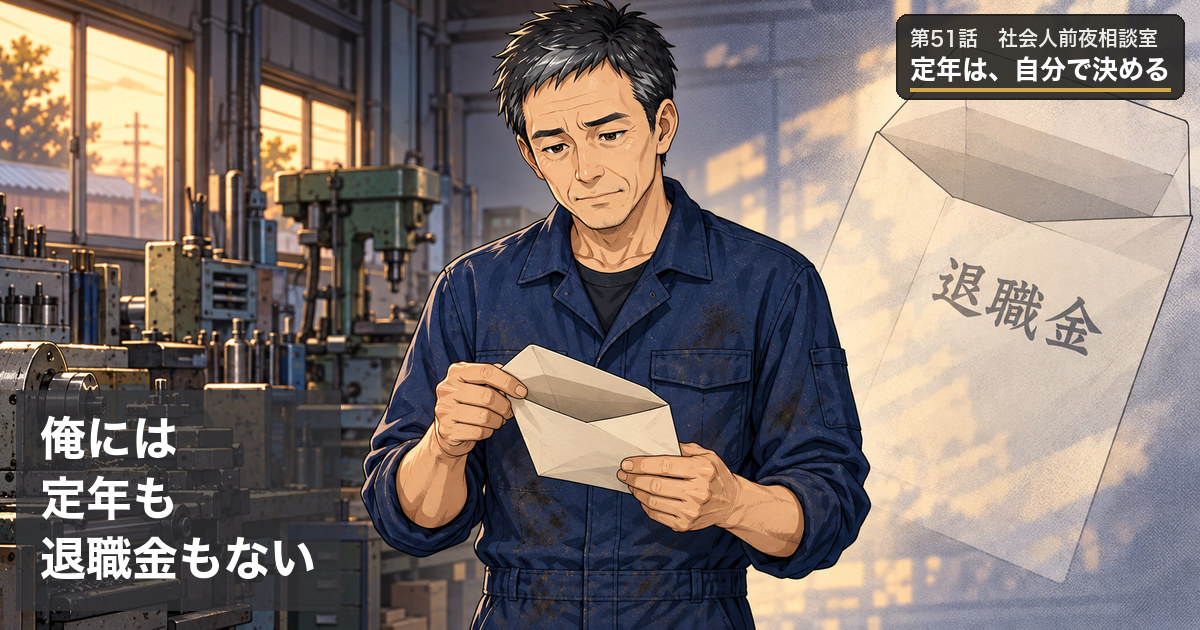 第51話アイキャッチ：退職金と書かれた封筒を手に、自分には定年も退職金もないと気づく町工場の社長ススム