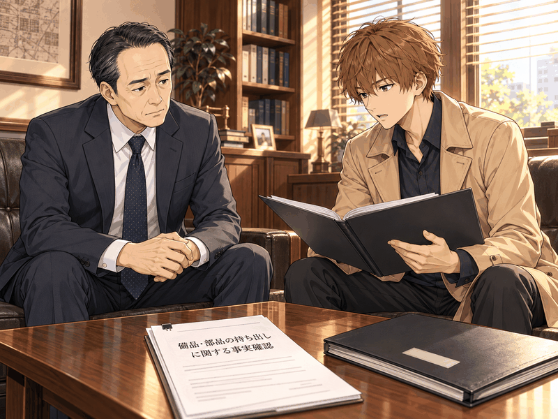 事務所の応接で、調査報告を受けるクニワタ運輸の部長ミツルとファイルを開くコーキ