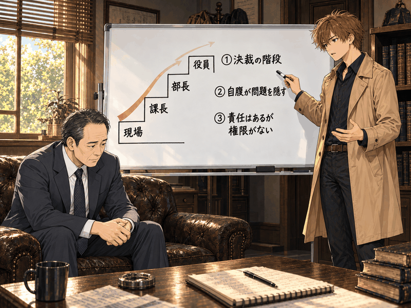 ホワイトボードで決裁の階段を図解し、3つの理由を説明するコーキと聞き入るミツル
