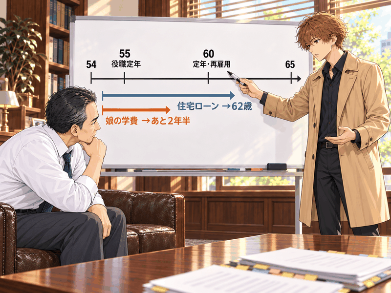 ホワイトボードに54歳から65歳までの年表を引き、住宅ローンと娘の学費の期間を書き添えて説明するコーキと聞くミツル