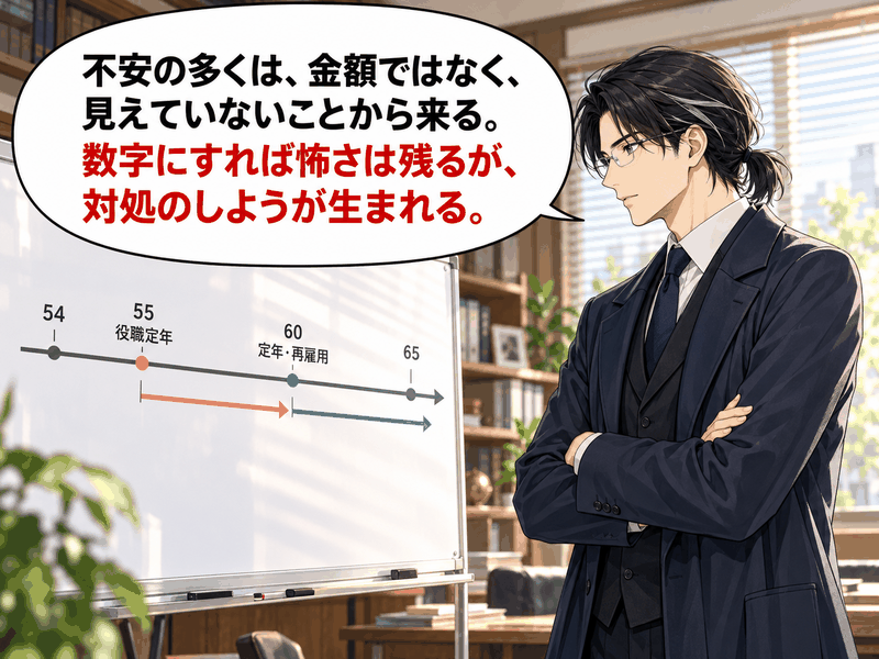 「不安の多くは、金額ではなく、見えていないことから来る」とホワイトボードの前で腕を組んで語るケイイチロウ