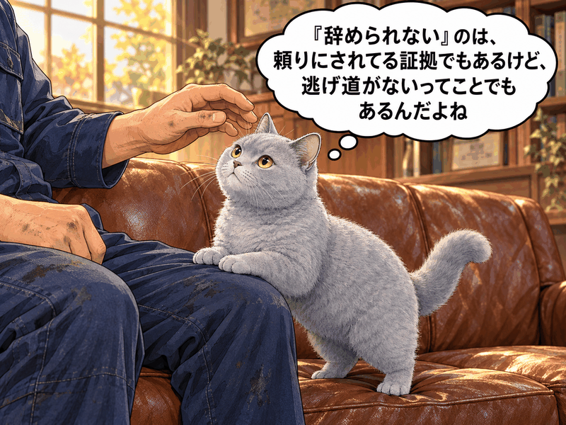 ススムのつなぎの膝に前足をかけるルリ