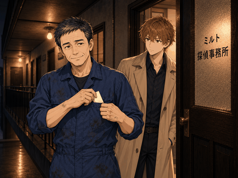 油で汚れた指でメモを丁寧に折りたたみ、つなぎの胸ポケットにしまうススム
