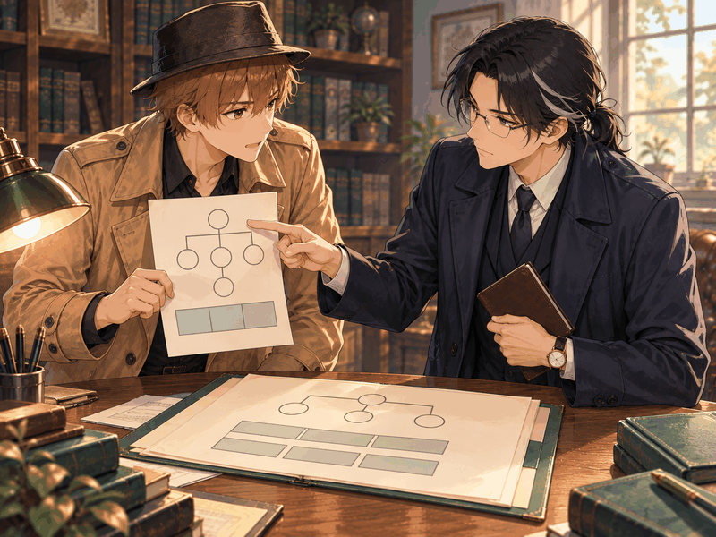 家系図を示しながら相続人の順番を所長ケイイチロウに確認するコーキ