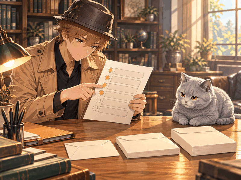 請求書の記入欄をチェックするコーキと、厚みが段階的に増す3通の封筒を見るルリ