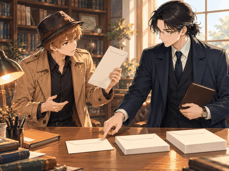 厚い封筒を手にしたコーキに、所長ケイイチロウが一番薄い封筒を指して督促の順番を示す場面