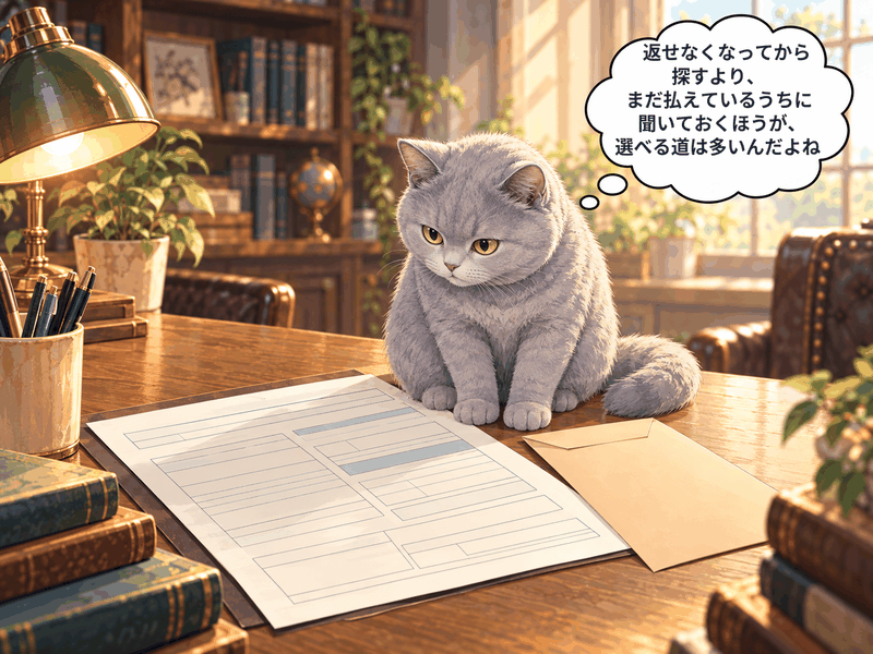 申請書類の横に座るルリと、「返せなくなってから探すより、まだ払えているうちに聞いておくほうが、選べる道は多いんだよね」と記した思考の吹き出し